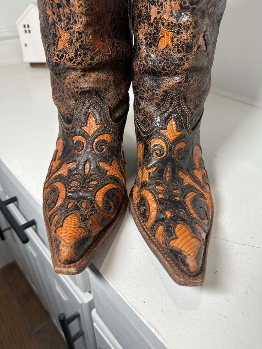 Corral Boots Lizard Inlay Cowboy Womens 8.5M Distressed Brown Leather Western - Picture 3 of 9